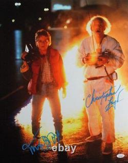 Christopher Lloyd/MJ Fox Signed Back to the Future 16x20 Fire Photo- JSA W Blue